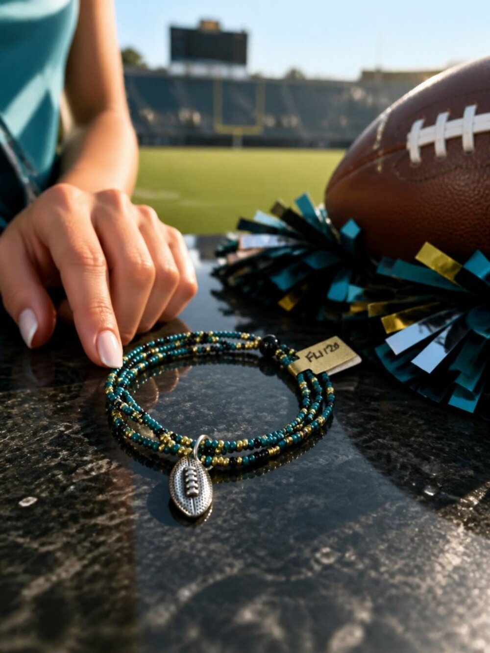 Jacksonville Jaguars Seed Bead Stretch Bracelet Football Game Day Teal Gold⁠